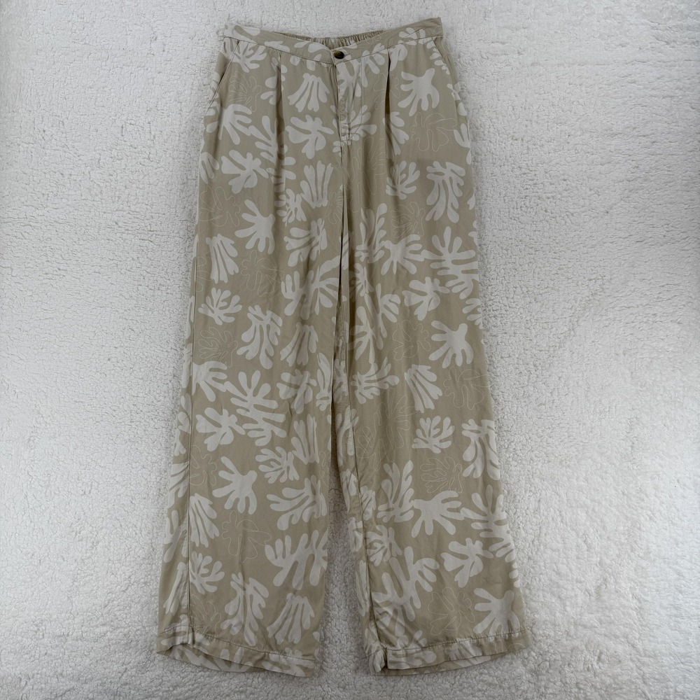 Roark Pants Womens Large Tan White Leaf Print Viscose Beach‎ Wide Leg Floral PIC